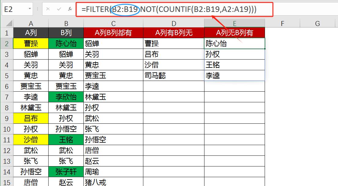 excel函数FILTER+COUNTIF组合对比2列数据，轻松提取相同与不同项-趣帮office教程网