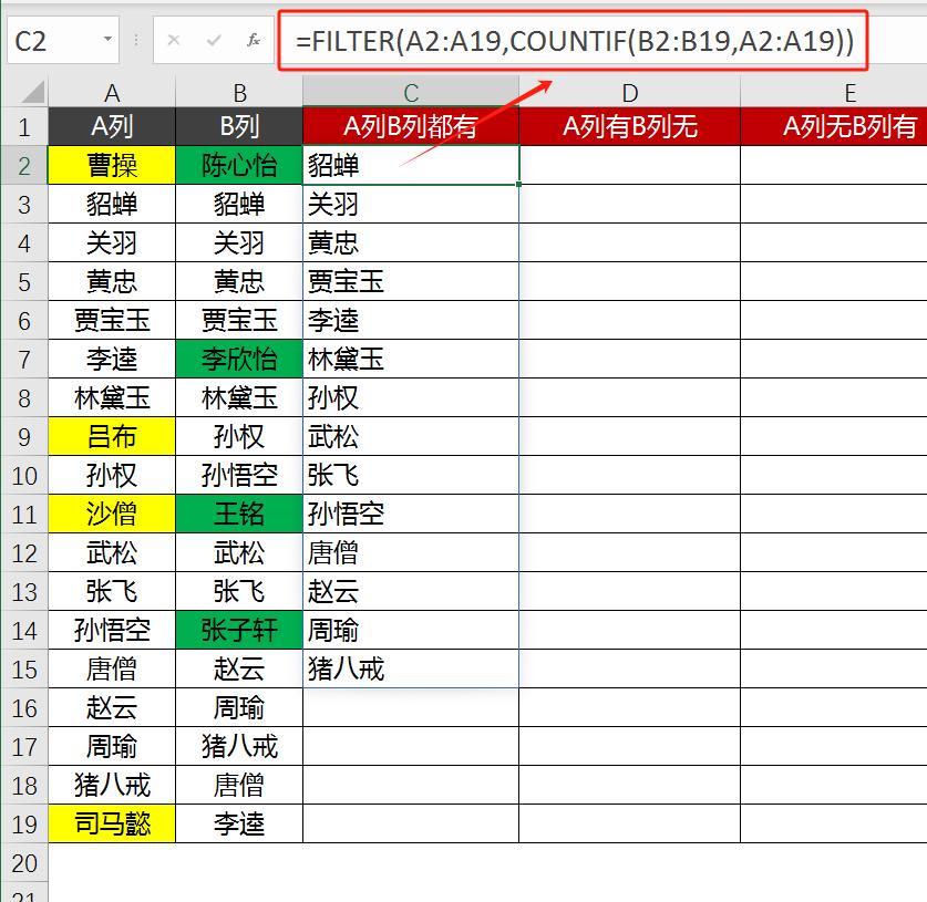 excel函数FILTER+COUNTIF组合对比2列数据，轻松提取相同与不同项-趣帮office教程网